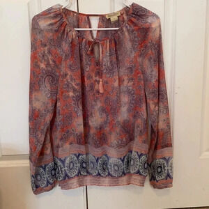 Lucky boho Shirt Small Boho style blue peach and white